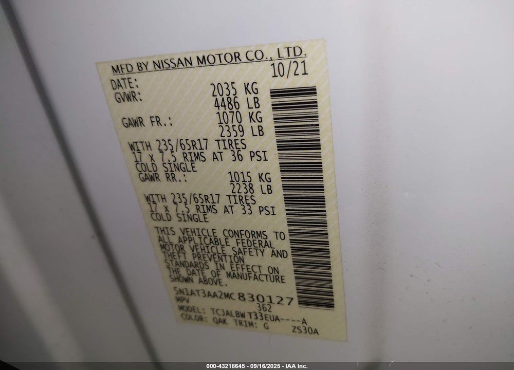 2021 NISSAN ROGUE VIN: 5N1AT3AA2MC830127