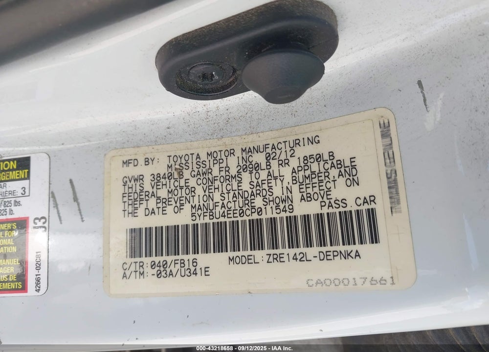 2012 TOYOTA COROLLA LE VIN: 5YFBU4EE0CP011549