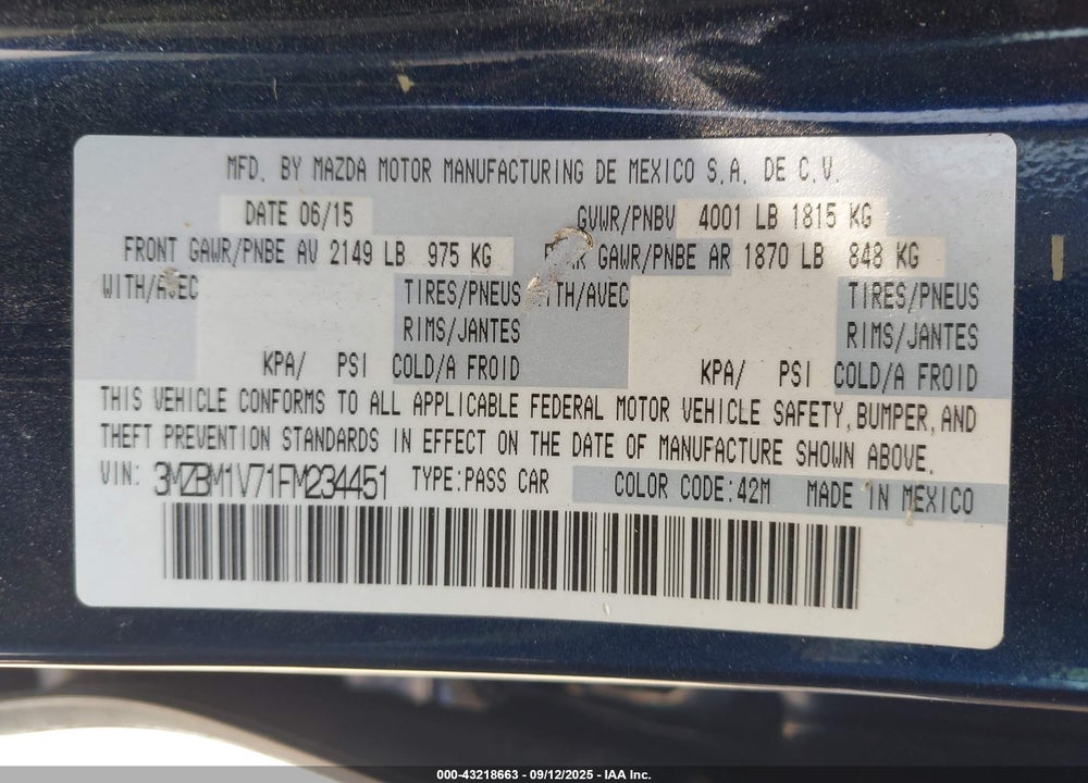 2015 MAZDA 3 VIN: 3MZBM1V71FM234451