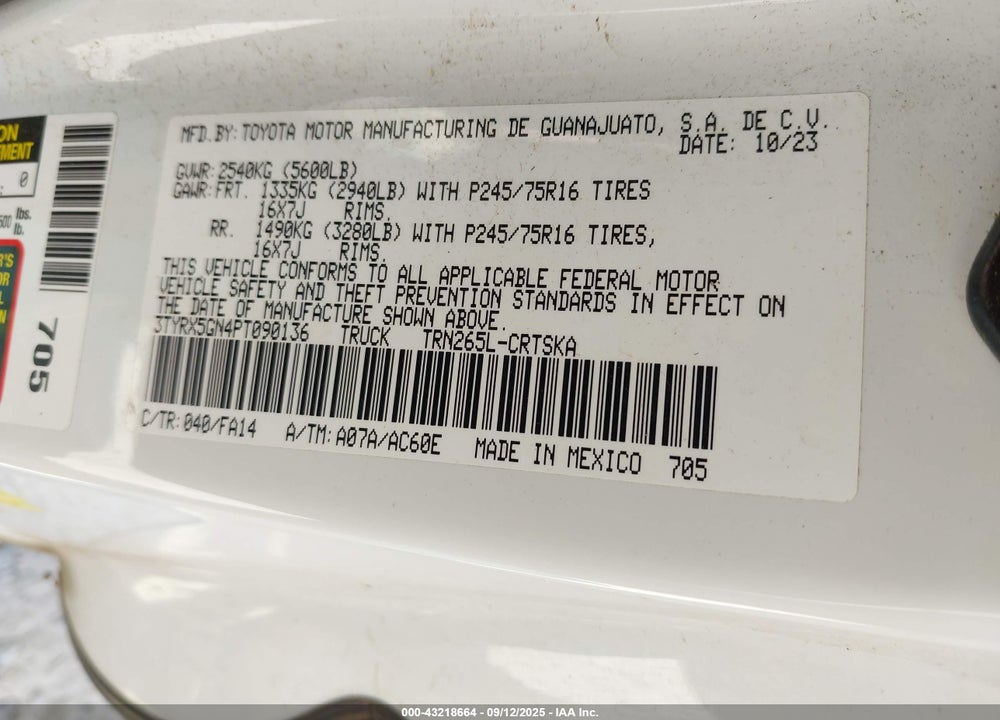 2023 TOYOTA TACOMA SR VIN: 3TYRX5GN4PT090136