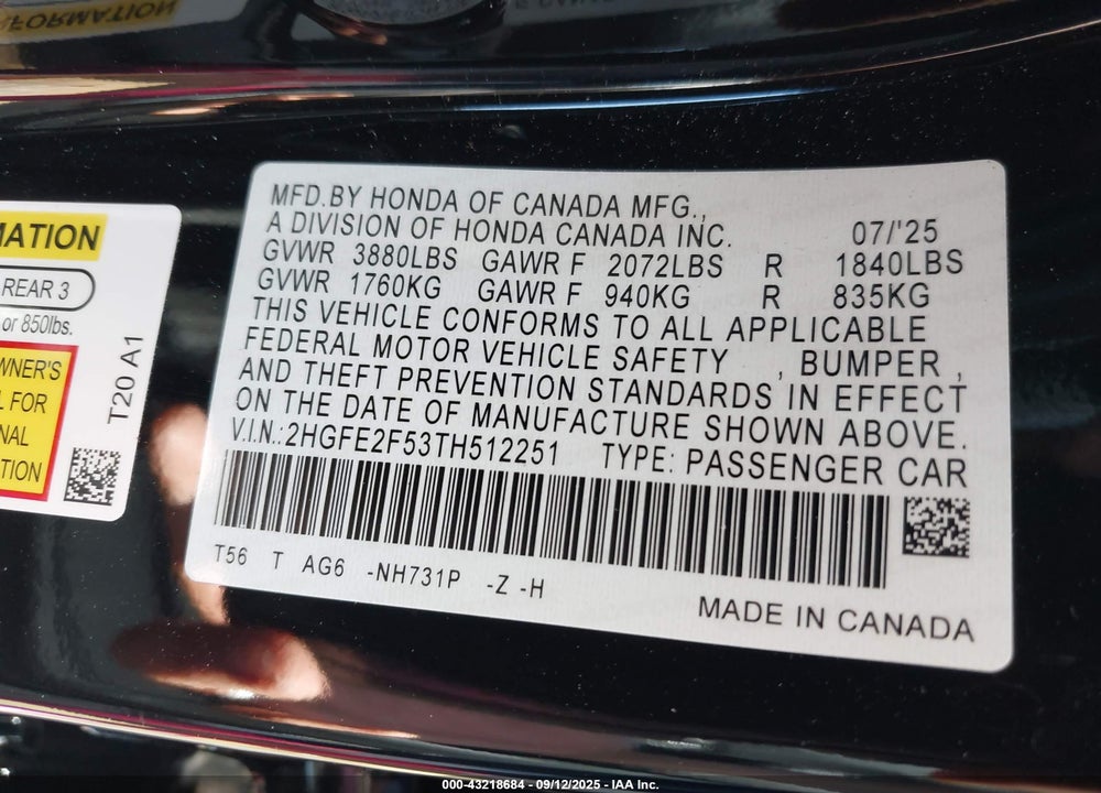 2026 HONDA CIVIC SPORT VIN: 2HGFE2F53TH512251