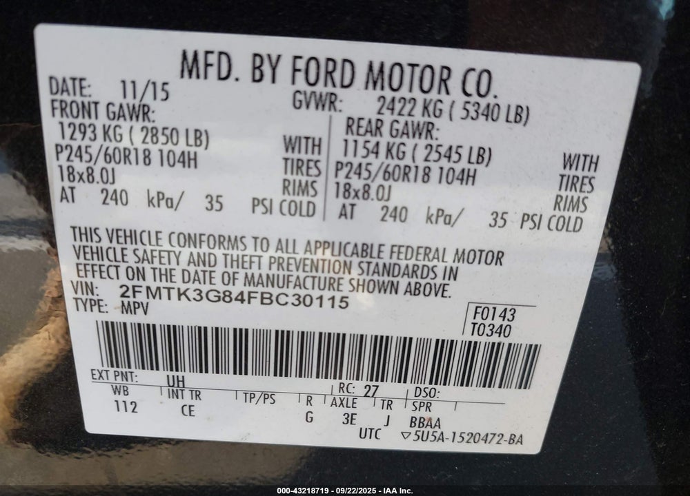 2015 FORD EDGE VIN: 2FMTK3G84FBC30115