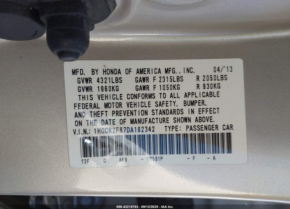 2013 HONDA ACCORD VIN: 1HGCR2F87DA182342
