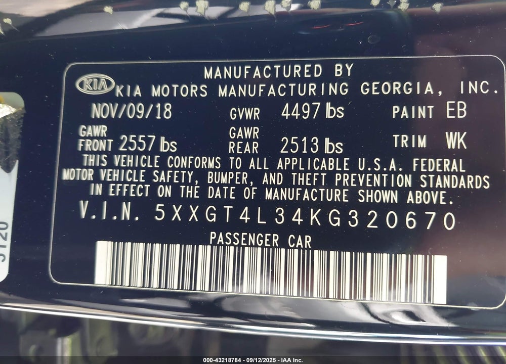 2019 KIA OPTIMA LX VIN: 5XXGT4L34KG320670