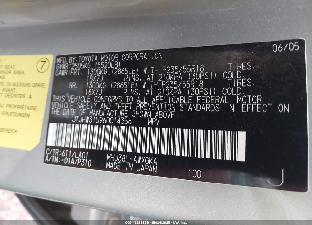 2006 LEXUS RX 400H VIN: JTJHW31U960014358