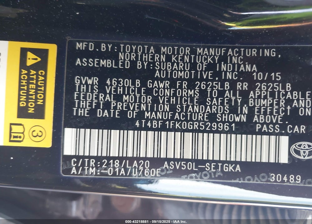 2016 TOYOTA CAMRY VIN: 4T4BF1FK0GR529961