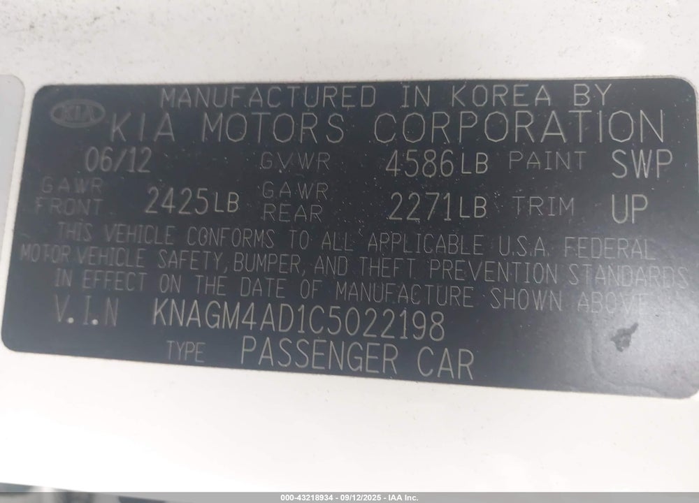 2012 KIA OPTIMA HYBRID VIN: KNAGM4AD1C5022198