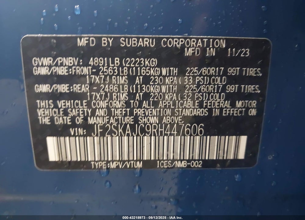 2024 SUBARU FORESTER VIN: JF2SKAJC9RH447606