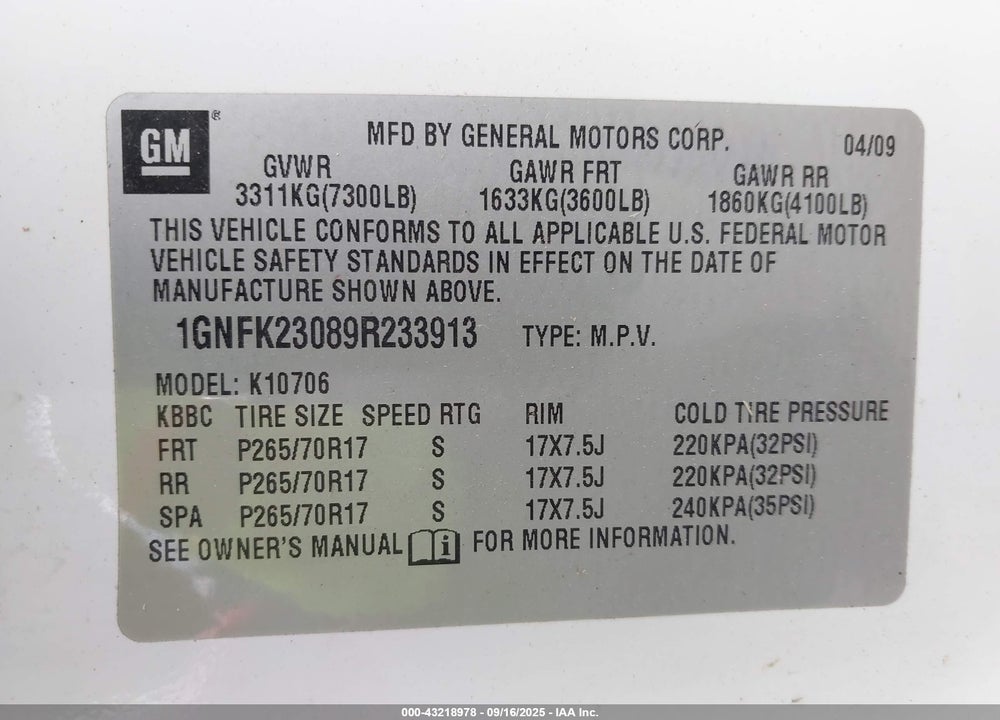 2009 CHEVROLET TAHOE VIN: 1GNFK23089R233913