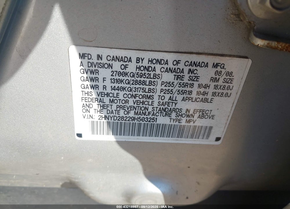 2009 ACURA MDX VIN: 2HNYD28229H503251