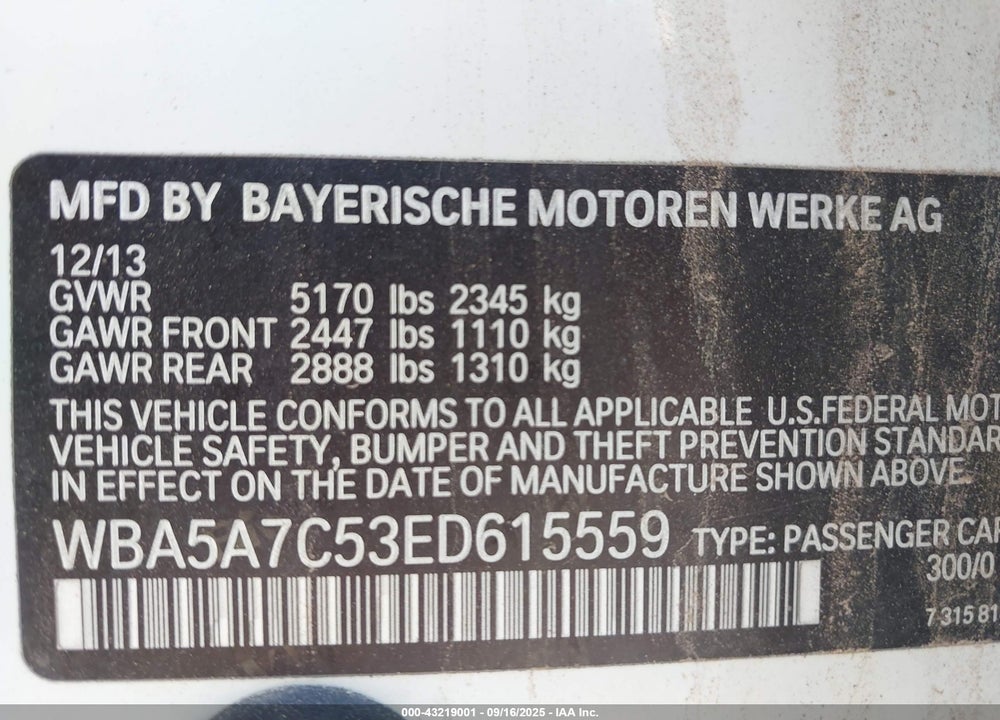 2014 BMW 5 SERIES VIN: WBA5A7C53ED615559