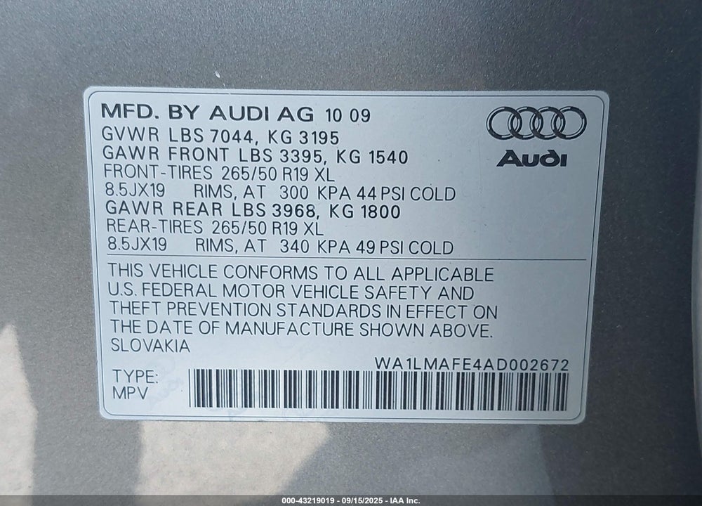 2010 AUDI Q7 VIN: WA1LMAFE4AD002672