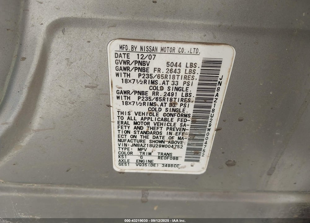 2009 NISSAN MURANO VIN: JN8AZ18U29W004752