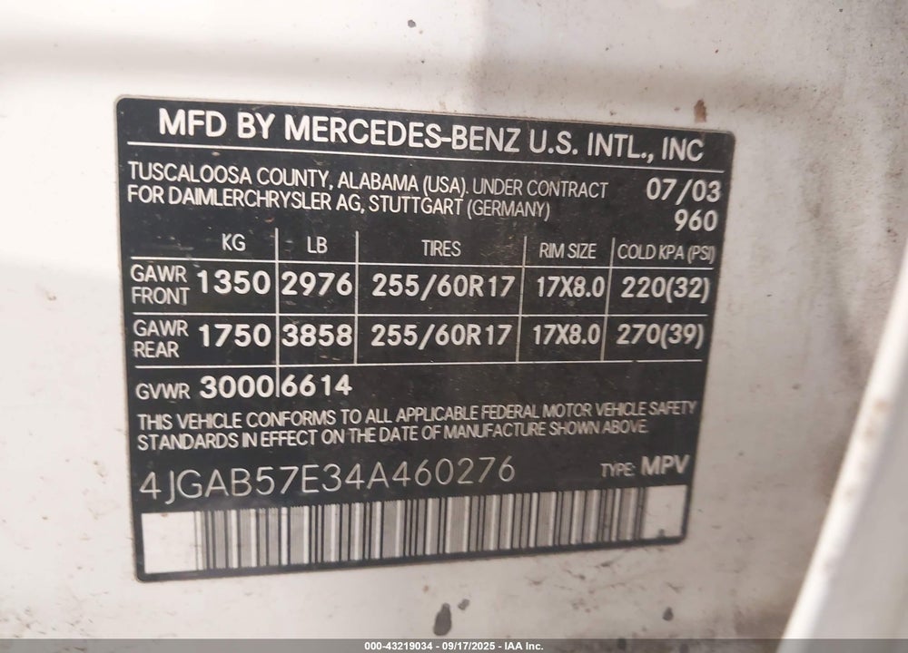 2004 MERCEDES-BENZ ML 350 4MATIC VIN: 4JGAB57E34A460276