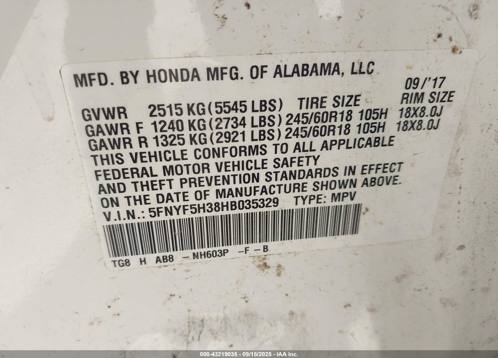2017 HONDA PILOT EX VIN: 5FNYF5H38HB035329
