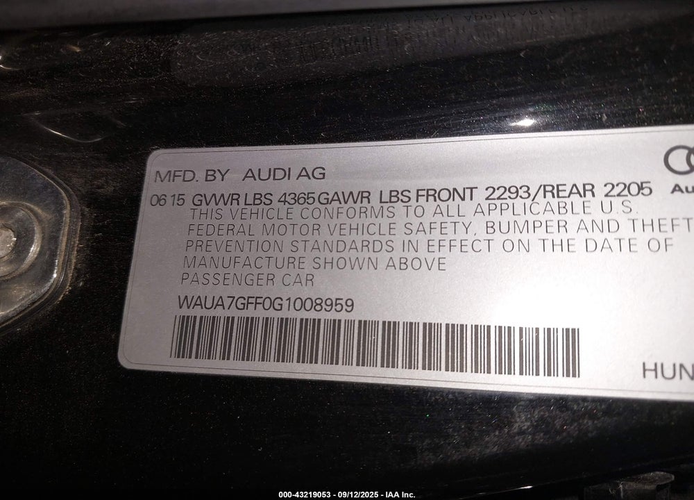 2016 AUDI A3 VIN: WAUA7GFF0G1008959