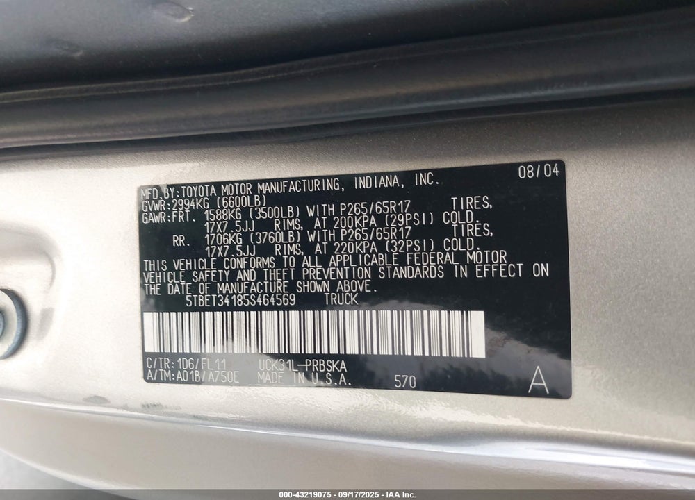 2005 TOYOTA TUNDRA SR5 V8 VIN: 5TBET34185S464569