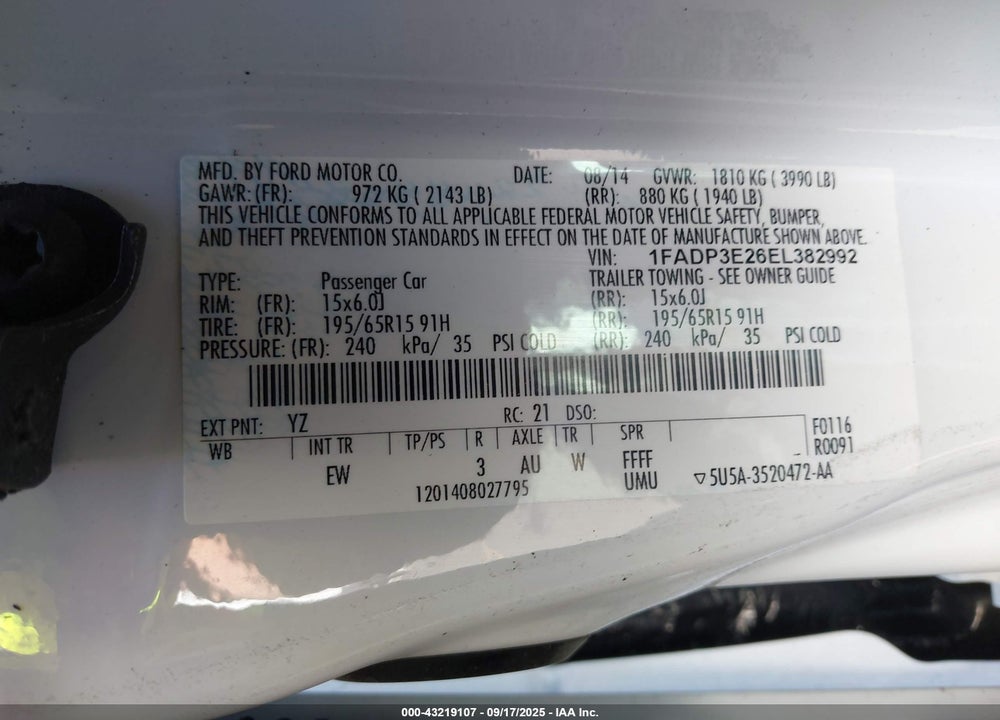 2014 FORD FOCUS S VIN: 1FADP3E26EL382992