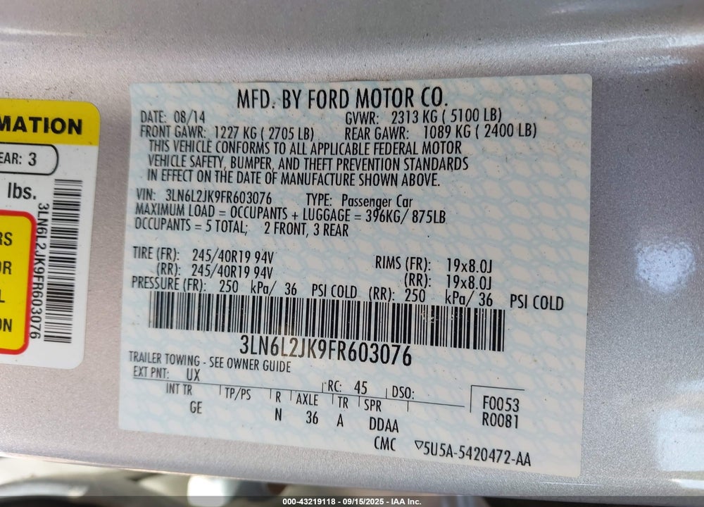 2015 LINCOLN MKZ VIN: 3LN6L2JK9FR603076