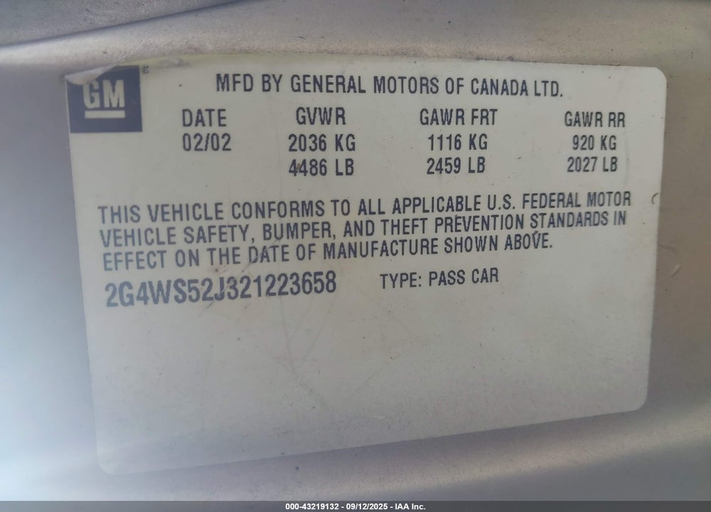 2001 BUICK CENTURY CUSTOM VIN: 2G4WS52J311228776