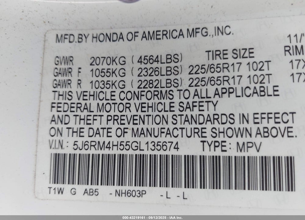 2016 HONDA CR-V EX VIN: 5J6RM4H55GL135674