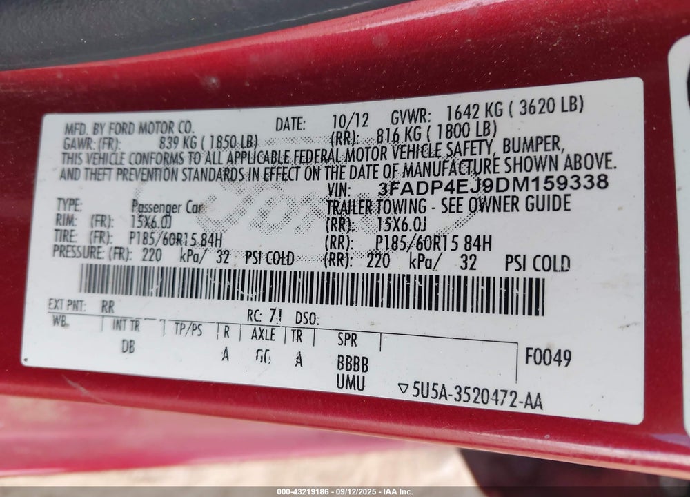 2013 FORD FIESTA VIN: 3FADP4EJ9DM159338