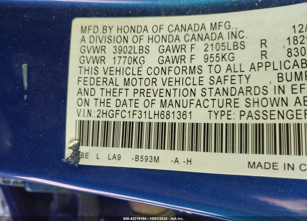 2020 HONDA CIVIC EX VIN: 2HGFC1F31LH681361