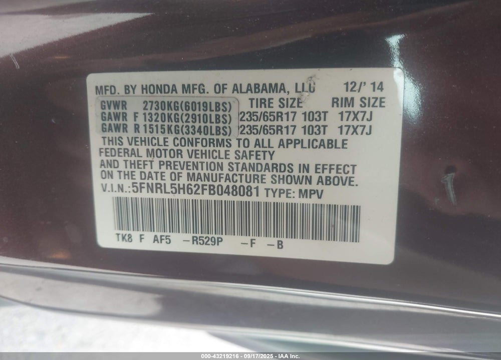 2015 HONDA ODYSSEY EX-L VIN: 5FNRL5H62FB048081