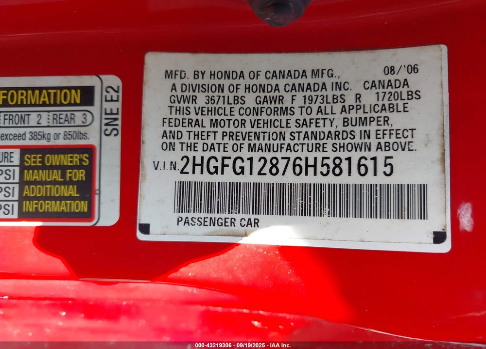 2006 HONDA CIVIC EX VIN: 2HGFG12876H581615