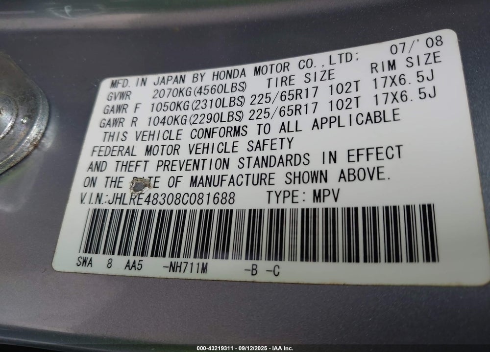 2008 HONDA CR-V LX VIN: JHLRE48308C081688
