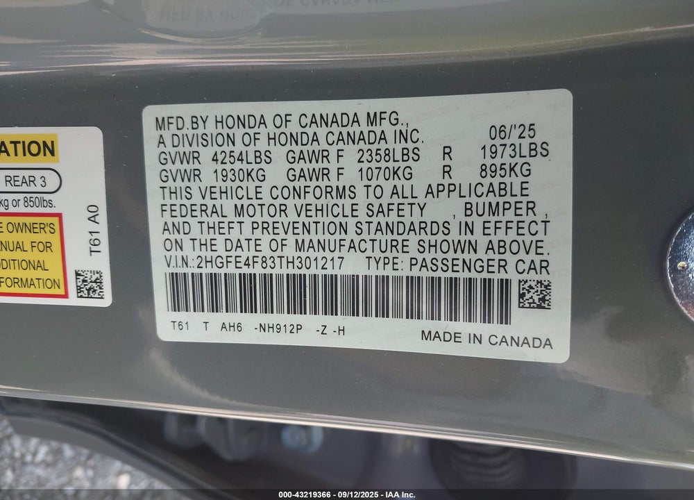 2026 HONDA CIVIC  HYBRID SPORT/SPORT TOURING VIN: 2HGFE4F83TH301217