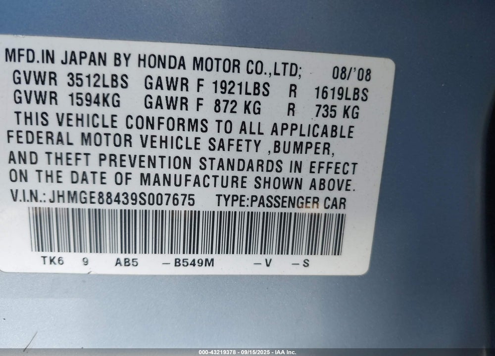 2009 HONDA FIT VIN: JHMGE88439S007675