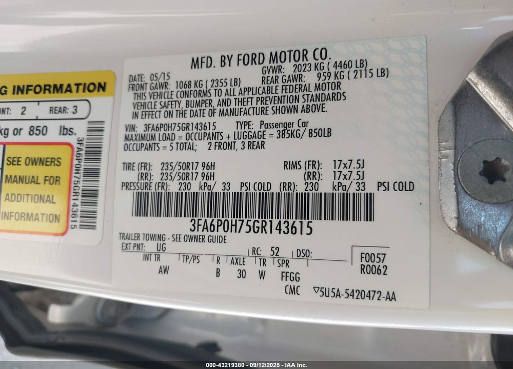 2016 FORD FUSION VIN: 3FA6P0H75GR143615