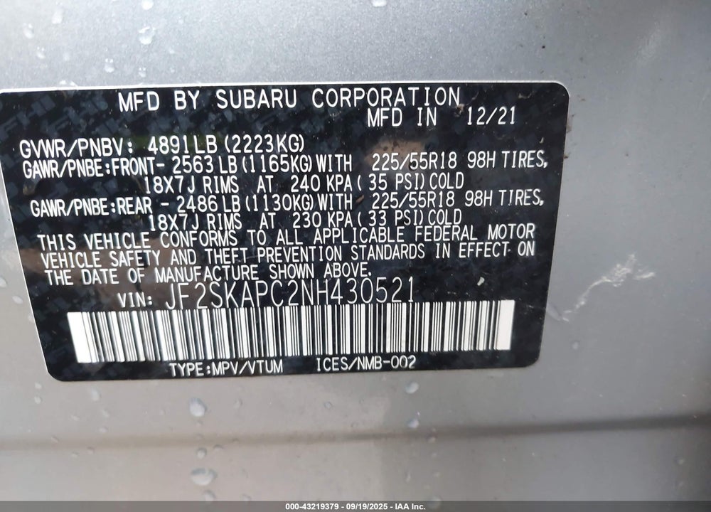 2022 SUBARU FORESTER LIMITED VIN: JF2SKAPC2NH430521