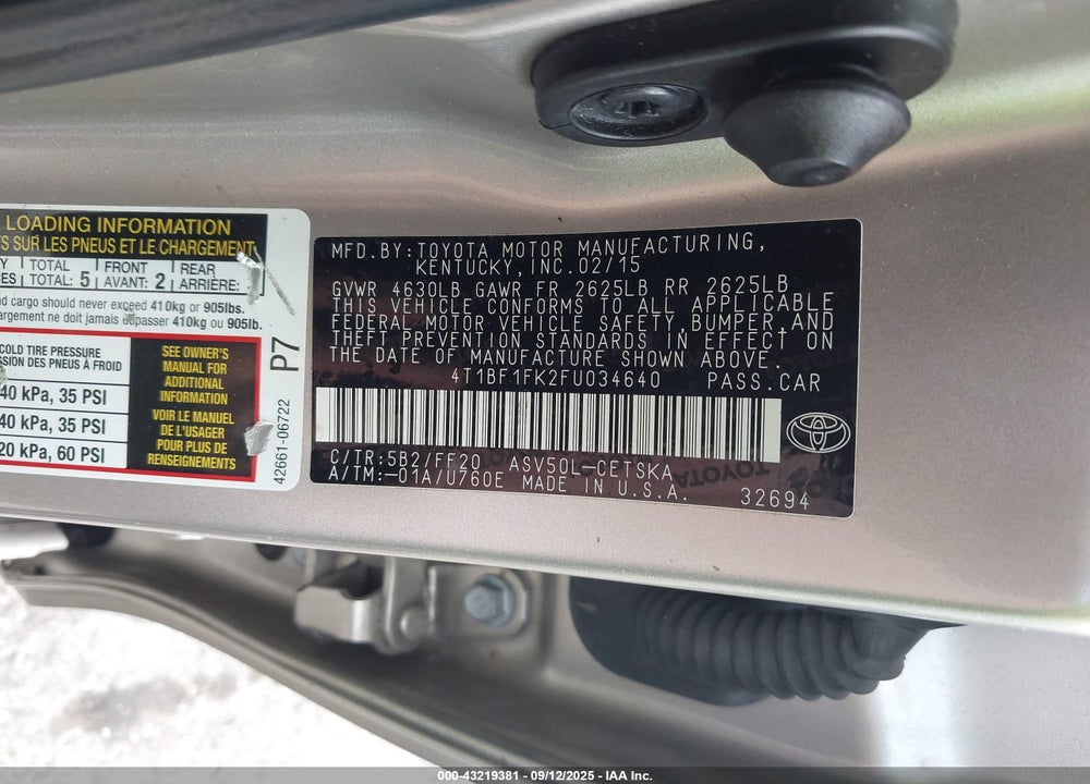2015 TOYOTA CAMRY VIN: 4T1BF1FK2FU034640