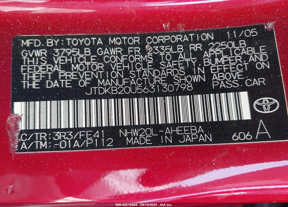 2006 TOYOTA PRIUS VIN: JTDKB20U563130798