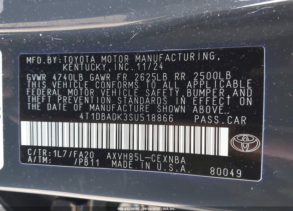 2025 TOYOTA CAMRY LE VIN: 4T1DBADK3SU518866