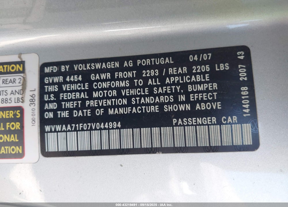 2007 VOLKSWAGEN EOS 2.0T VIN: WVWAA71F07V044994