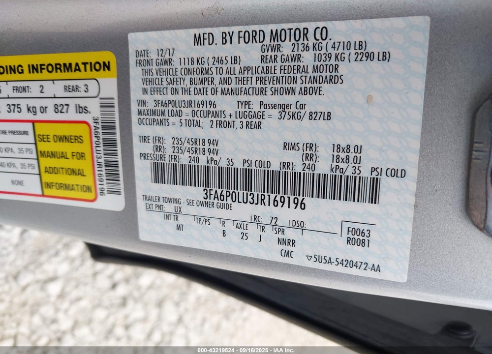 2018 FORD FUSION HYBRID SE VIN: 3FA6P0LU3JR169196