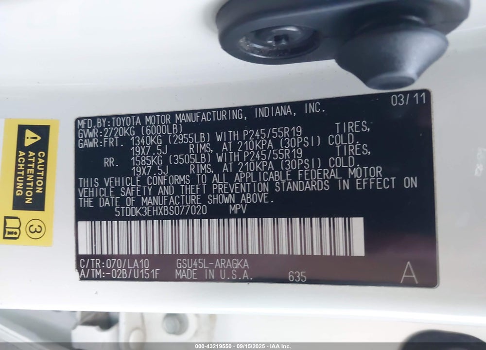 2011 TOYOTA HIGHLANDER LIMITED V6 VIN: 5TDDK3EHXBS077020