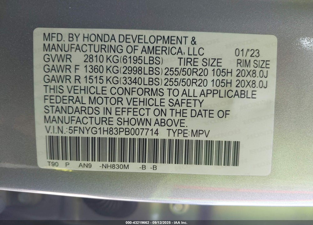 2023 HONDA PILOT VIN: 5FNYG1H83PB007714