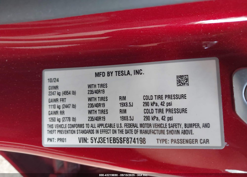 2025 TESLA MODEL 3 VIN: 5YJ3E1EB5SF874198