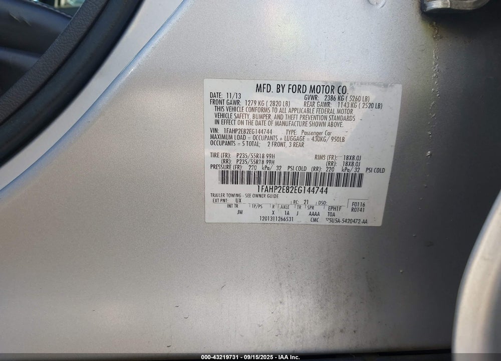 2014 FORD TAURUS VIN: 1FAHP2E82EG144744