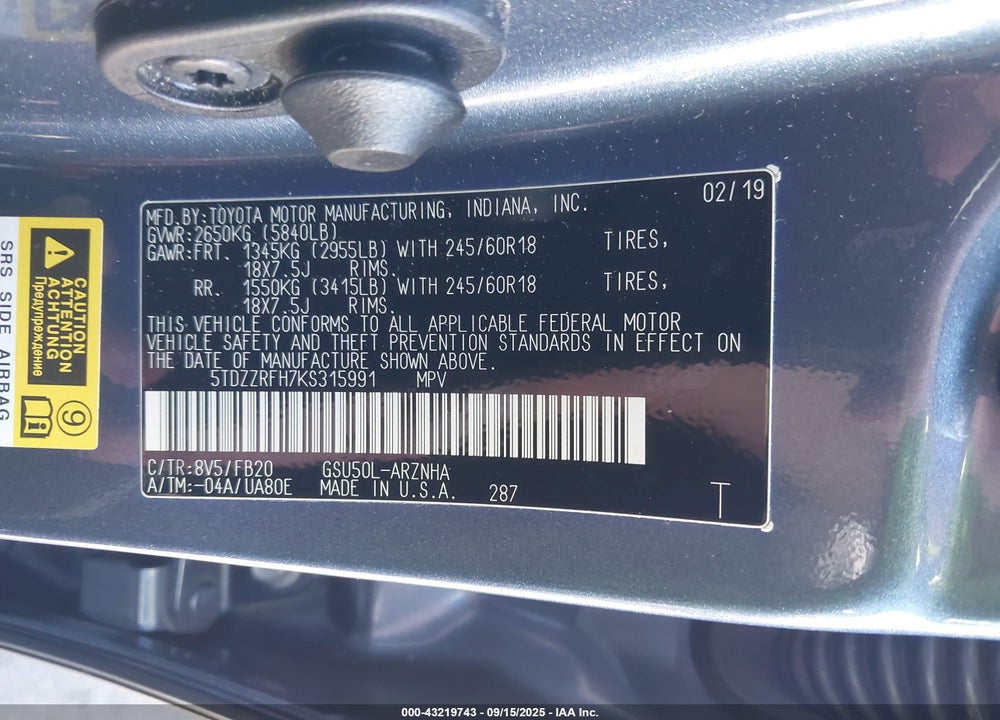 2019 TOYOTA HIGHLANDER LE VIN: 5TDZZRFH7KS315991