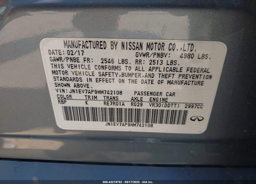 2017 INFINITI Q50 VIN: JN1EV7AP9HM742108