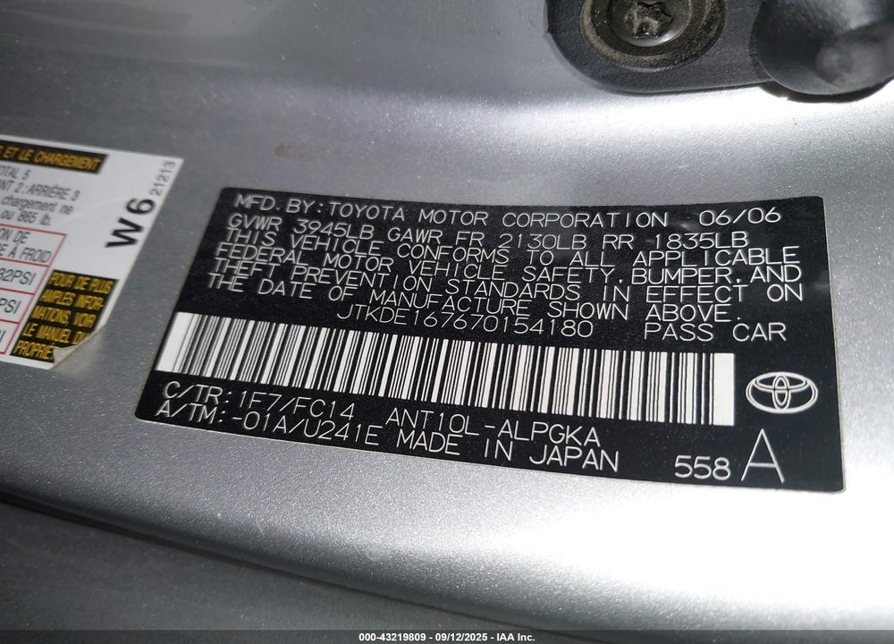 2007 SCION TC VIN: JTKDE167670154180