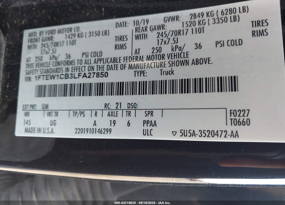 2020 FORD F-150 VIN: 1FTEW1CB3LFA27850
