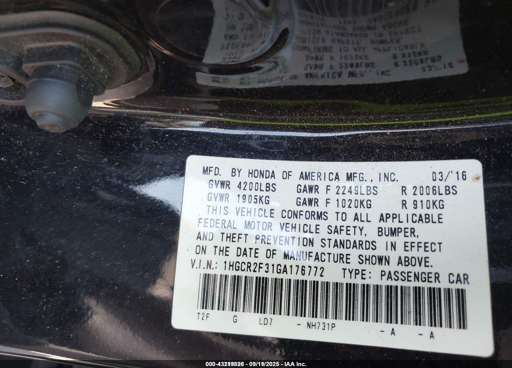 2016 HONDA ACCORD VIN: 1HGCR2F31GA176772