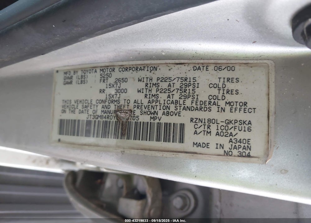 2000 TOYOTA 4RUNNER VIN: JT3GM84R0Y0066705