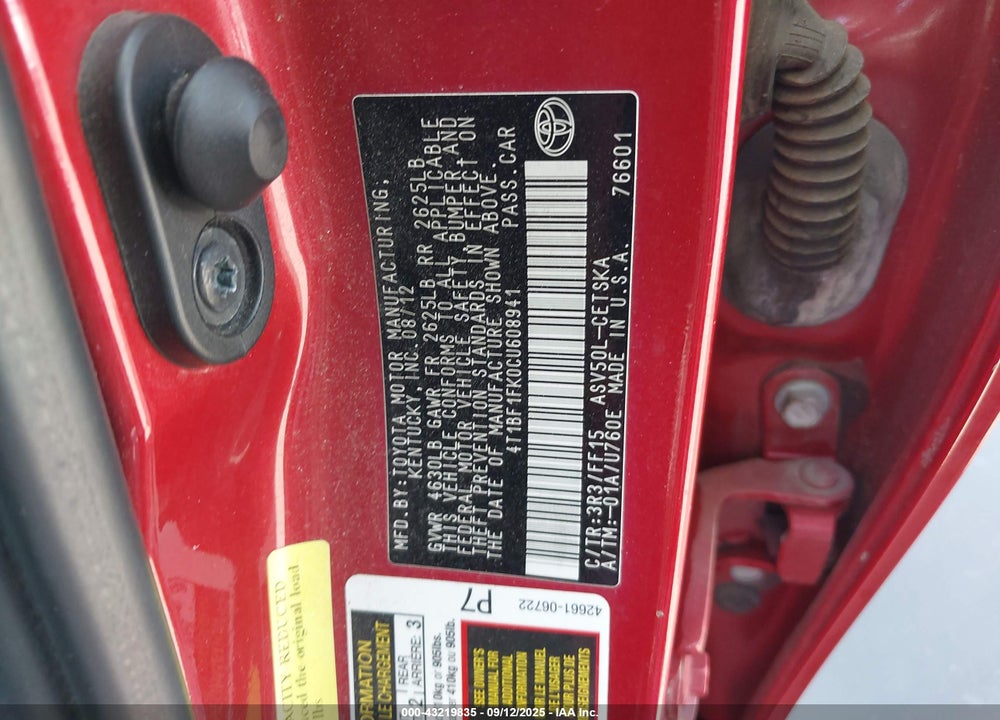 2012 TOYOTA CAMRY SE VIN: 4T1BF1FK0CU608941